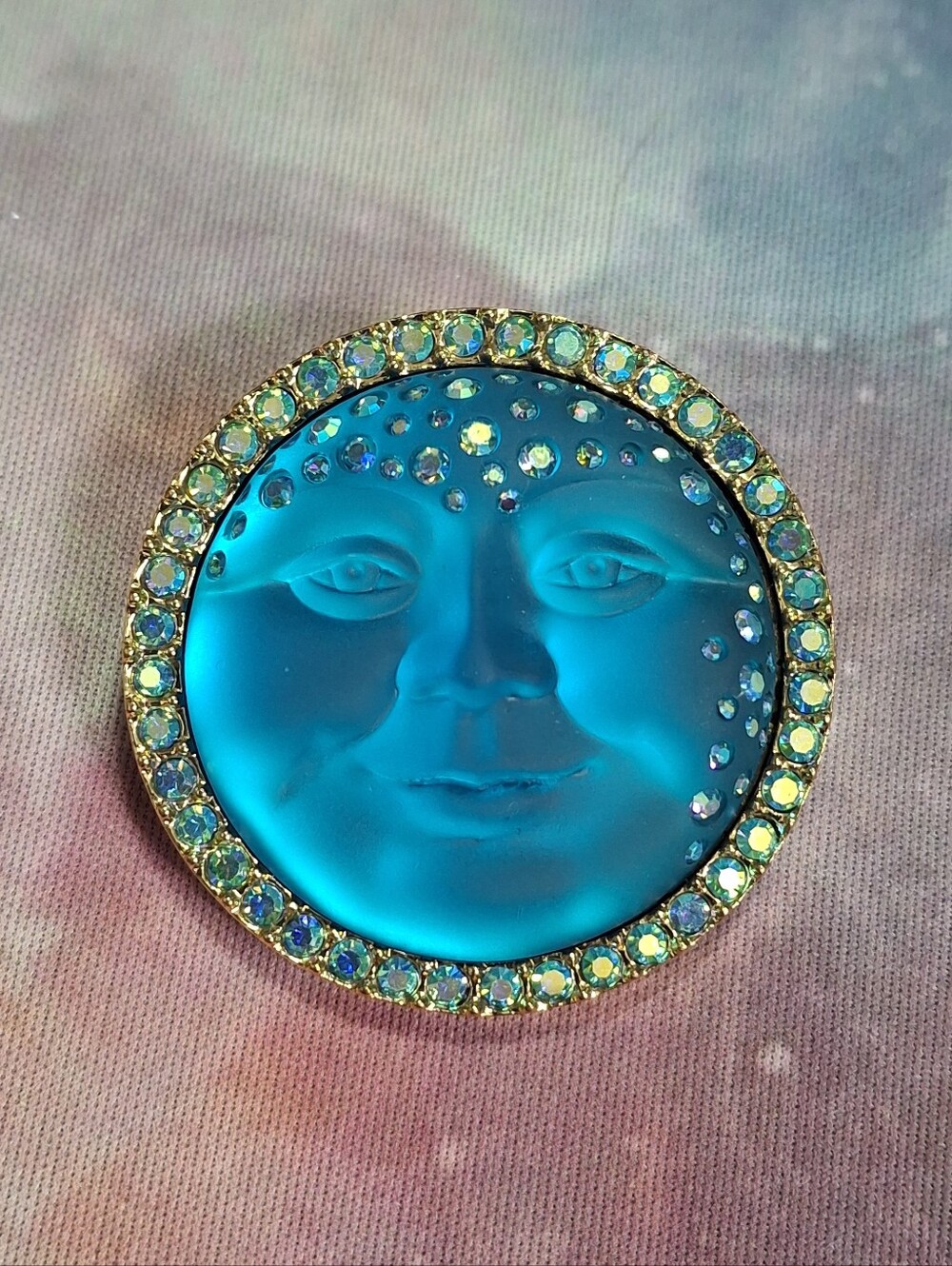 Kirks Folly Blue Crystal Moon Face Brooch